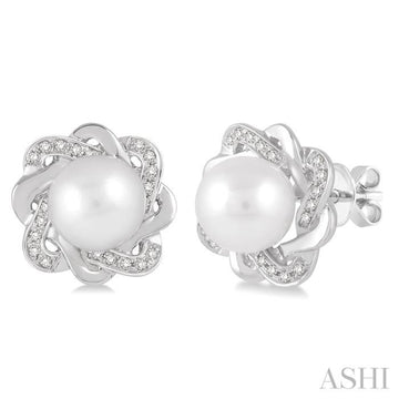 6x6 MM Round Shape Cultured Pearls and 1/10 ctw Round Cut Diamond Earrings in Sterling Silver
